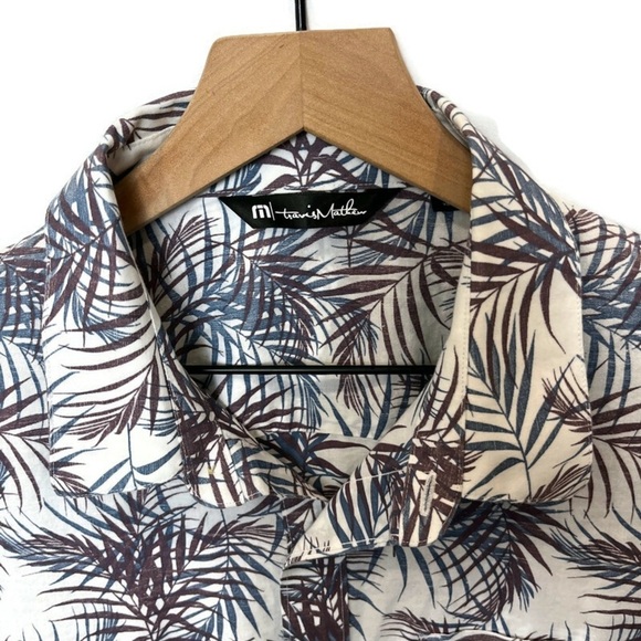 TRAVIS MATHEW White Brown Blue Tropical Print Short Sleeve Button Up Shirt Med - Picture 4 of 9